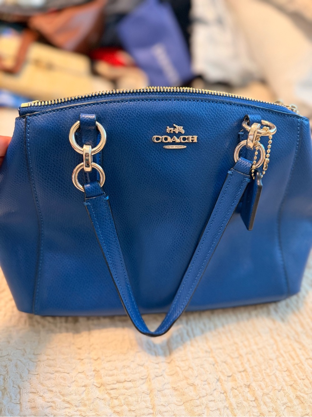 Coach Blue Pebbled Leather Shoulder Bag with Gold Hardware